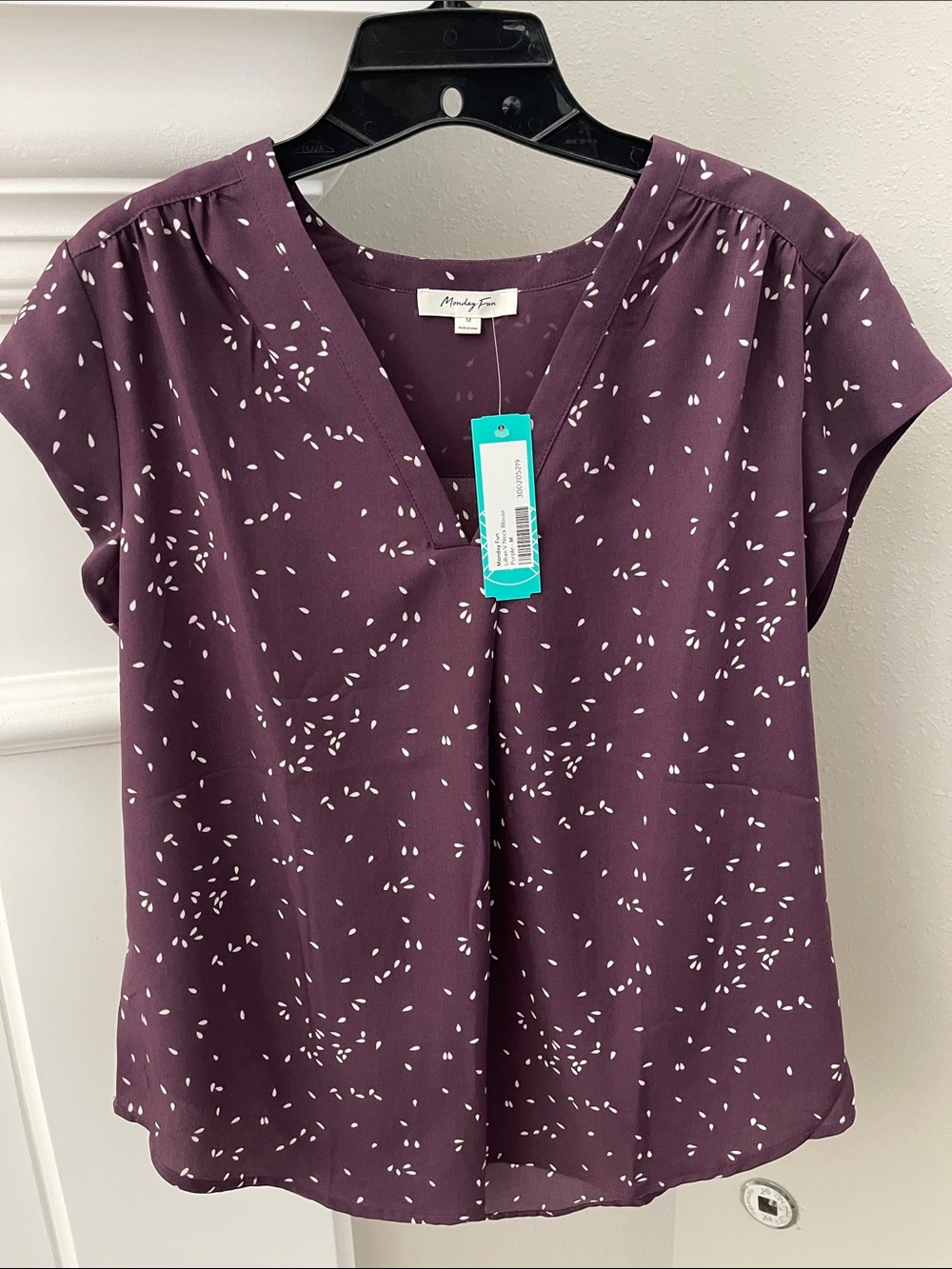 Monday Fun Plum V-Neck Short Sleeve Blouse with White Speckle